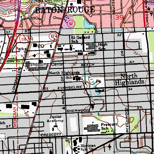 Topographic Map of North Highlands Professional Learning Community School, LA