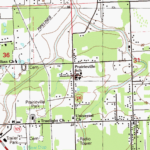 Topographic Map of Prairieville Middle School, LA