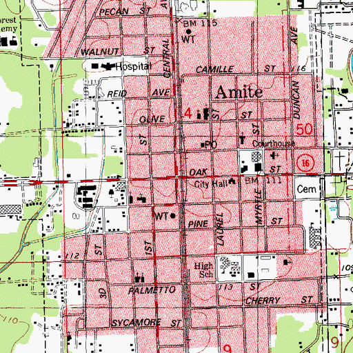 Topographic Map of Amite, LA