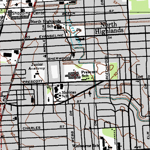 Topographic Map of Prescott Middle School, LA