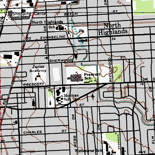 Topographic Map of Prescott Middle School, LA
