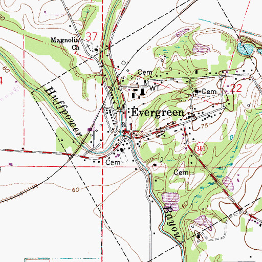 Topographic Map of Evergreen Post Office, LA