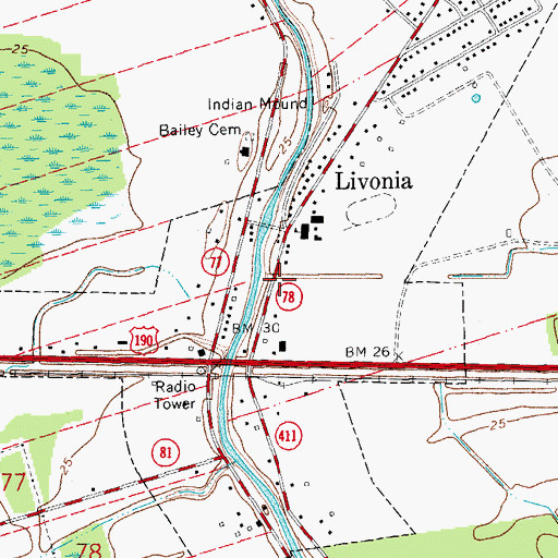 Topographic Map of Livonia Post Office, LA