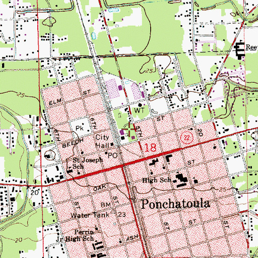 Topographic Map of Ponchatoula Post Office, LA