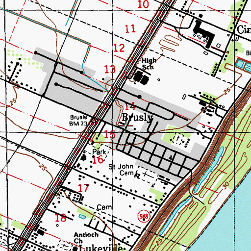 Topographic Map of Brusly Post Office, LA