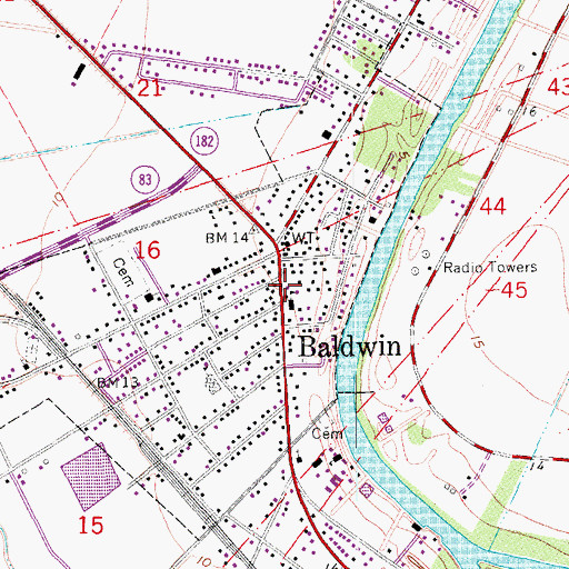 Topographic Map of Baldwin Post Office, LA