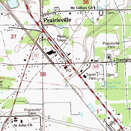 Topographic Map of Prairieville Post Office, LA