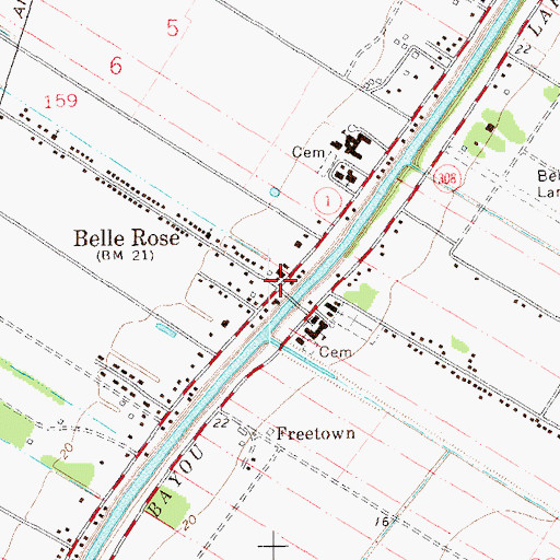 Topographic Map of Belle Rose Post Office, LA