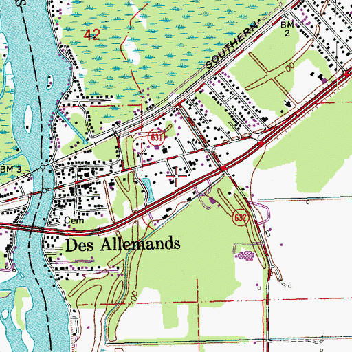 Topographic Map of Des Allemands Post Office, LA
