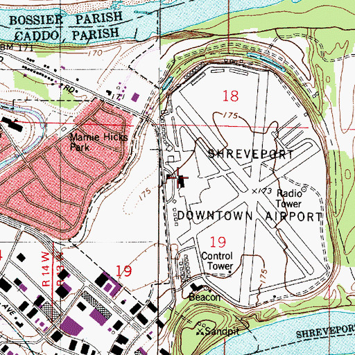 Topographic Map of Shreveport Downtown Airport, LA