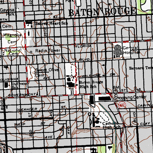 Topographic Map of WBRH-FM (Baton Rouge), LA
