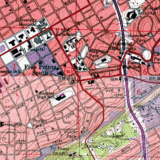 Topographic Map of Five Points South Historic District, AL