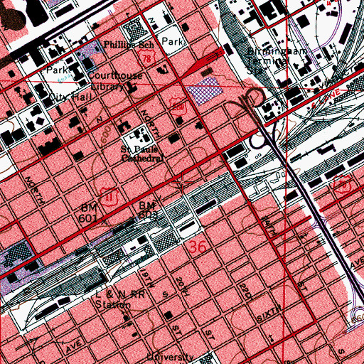 Topographic Map of Morris Avenue-First Avenue North Historic District, AL