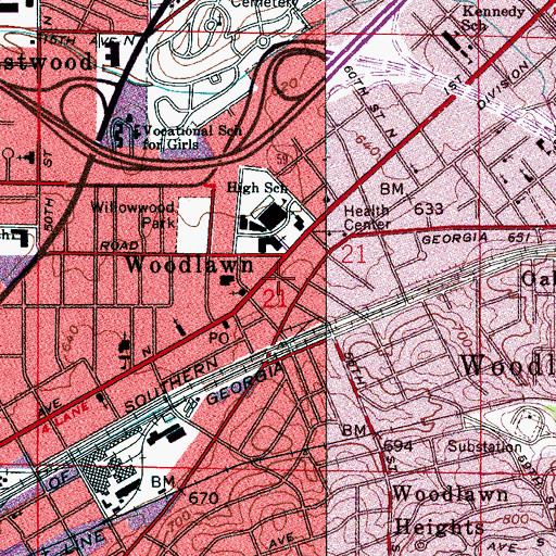 Topographic Map of Woodlawn City Hall, AL