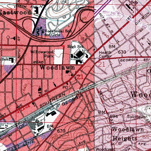 Topographic Map of Woodlawn Commercial Historic District, AL