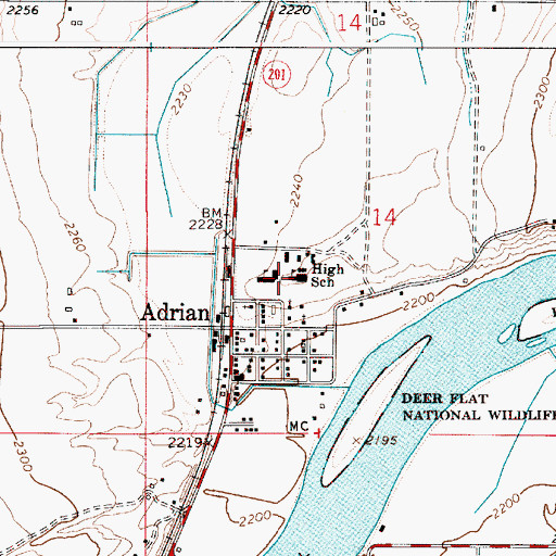 Topographic Map of Adrian High School, OR