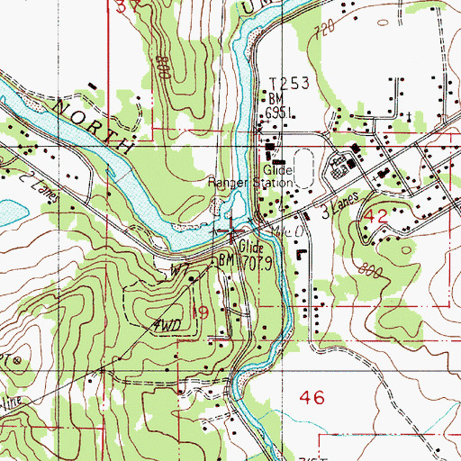 Topographic Map of Glide Bridge, OR