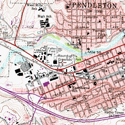 Topographic Map of The Pendleton Round - Up Rodeo Grounds, OR
