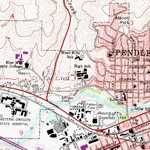 Topographic Map of Pendleton High School, OR