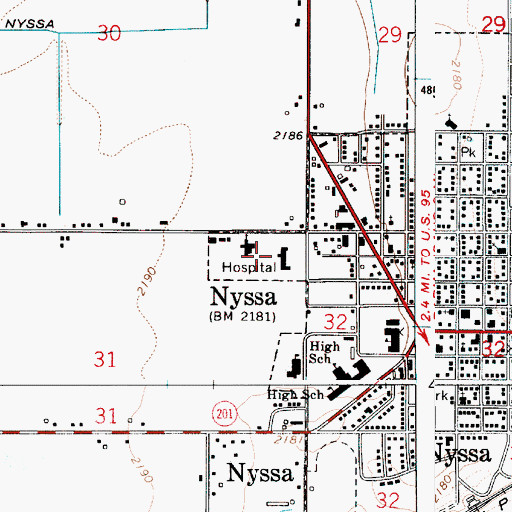 Topographic Map of Malheur Memorial Hospital, OR