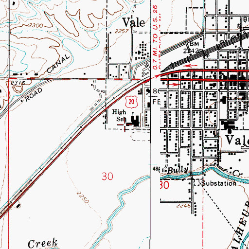 Topographic Map of Vale High School, OR