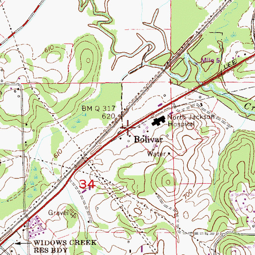 Topographic Map of Bolivar, AL