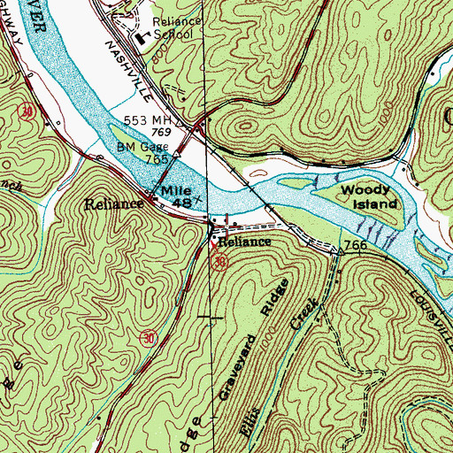 Topographic Map of Reliance, TN
