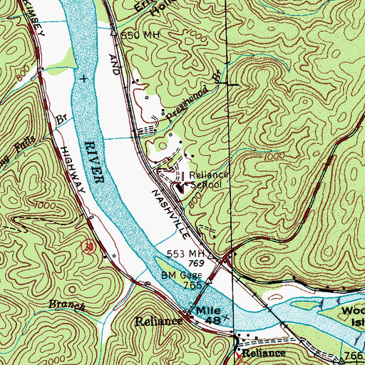 Topographic Map of Reliance School, TN
