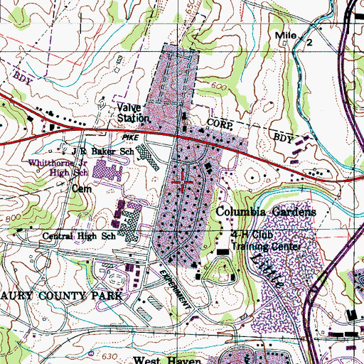 Topographic Map of Maury County, TN