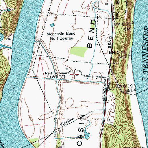 Topographic Map of WDEF-AM (Chattanooga), TN