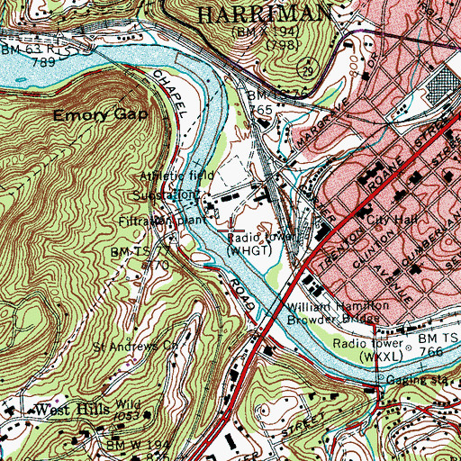 Topographic Map of WDHB-AM (Harriman), TN