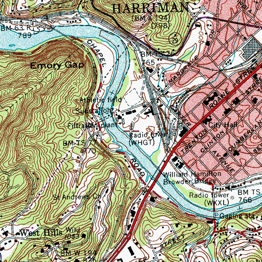 Topographic Map of WDHB-AM (Harriman), TN