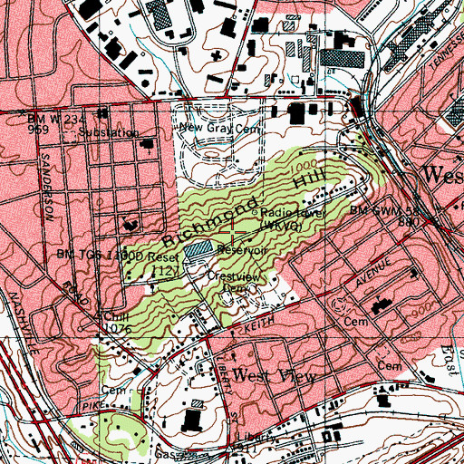 Topographic Map of WITA-AM (Knoxville), TN