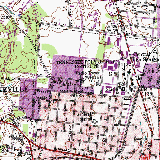 Topographic Map of WHUB-AM (Cookeville), TN