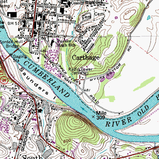 Topographic Map of WRKM-AM (Carthage), TN