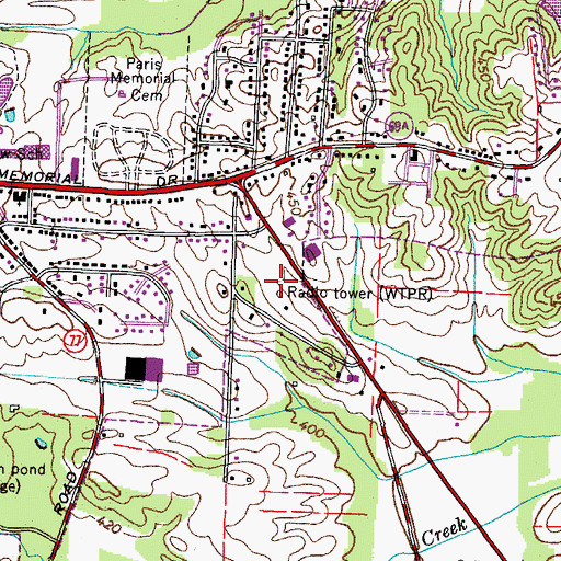 Topographic Map of WTPR-AM (Paris), TN