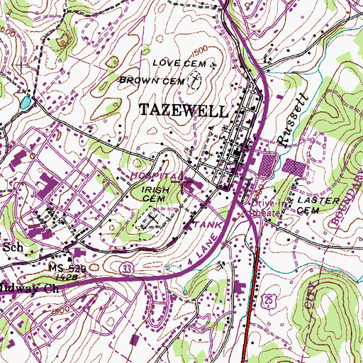 Topographic Map of WNTT-AM (Tazewell), TN