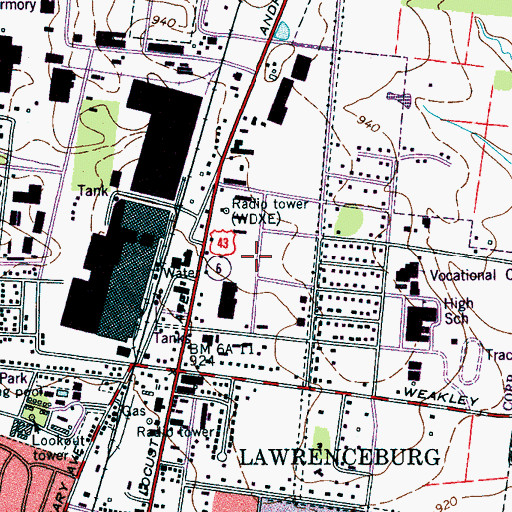 Topographic Map of WDXE-FM (Lawrenceburg), TN