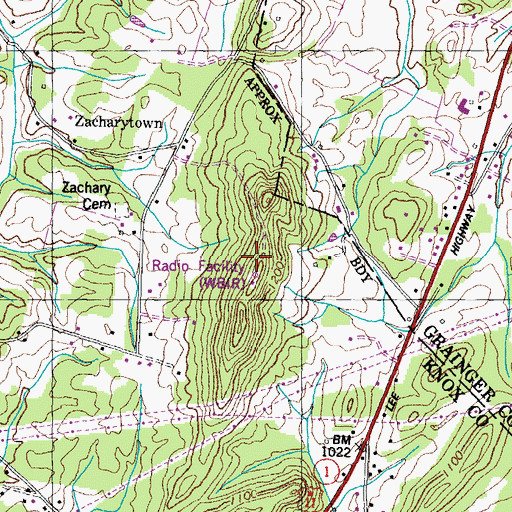 Topographic Map of WIMZ-FM (Knoxville), TN