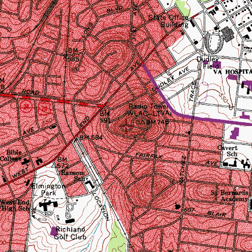 Topographic Map of WPLN-FM (Nashville), TN