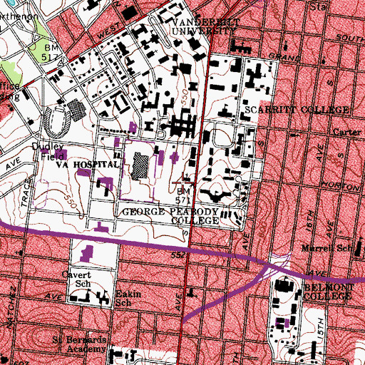 Topographic Map of WRVU-FM (Nashville), TN