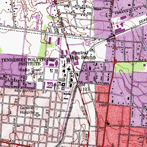 Topographic Map of WTTU-FM (Cookeville), TN
