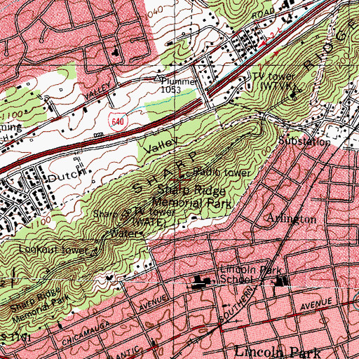 Topographic Map of WBIR-TV (Knoxville), TN