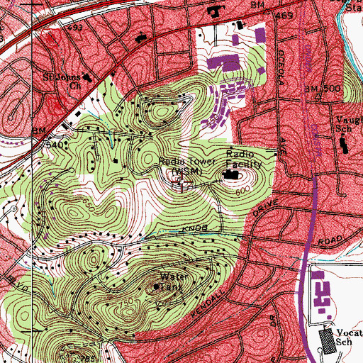 Topographic Map of WZTV-TV (Nashville), TN