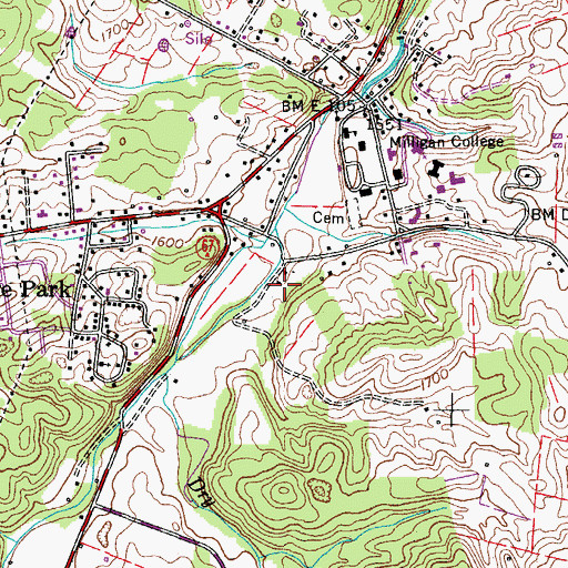 Topographic Map of Milligan College Spring, TN