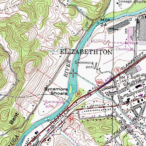 Topographic Map of Sycamore Shoals Ford, TN