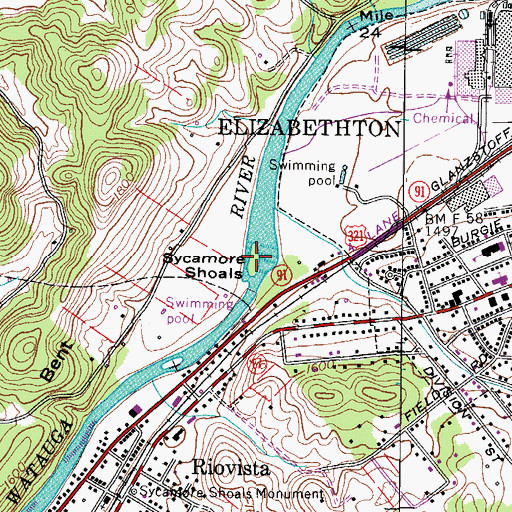 Topographic Map of Sycamore Shoals Island, TN