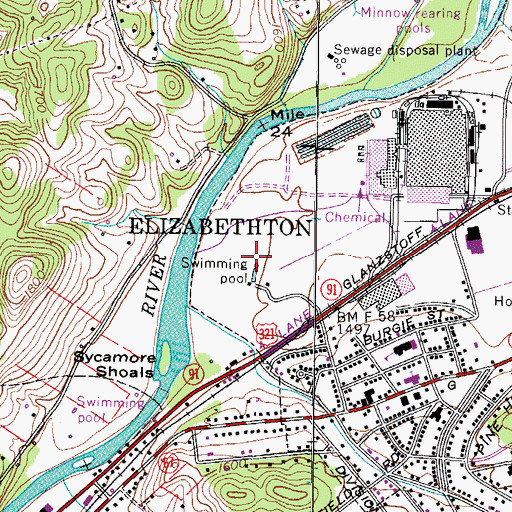 Topographic Map of Sycamore Shoals State Historic Area, TN