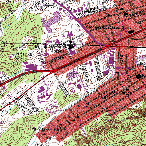 Topographic Map of Bristol College, TN