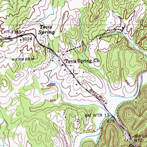 Topographic Map of Tevis, TN